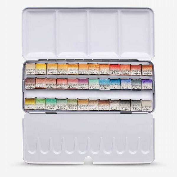 A. Gallo : Handmade Watercolour Paint : Naturale 36 Palette Metal Tin 36 Half Pans with Brush in a linen bag