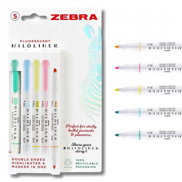 Mildliner Double Ended Highlighter Fluorescent 5pk carded